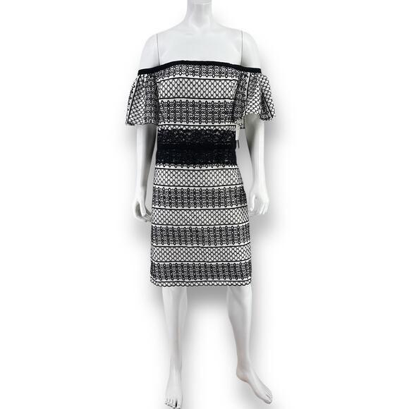 H Halston Eyelet Lace Off Shoulder Dress Womens Size 10 Black White - Picture 1 of 11